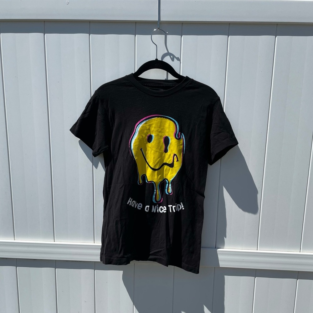 Melting Acid Smiley Face "Have a Nice Trip" T-Shirt, Womens Size S, Black Trippy